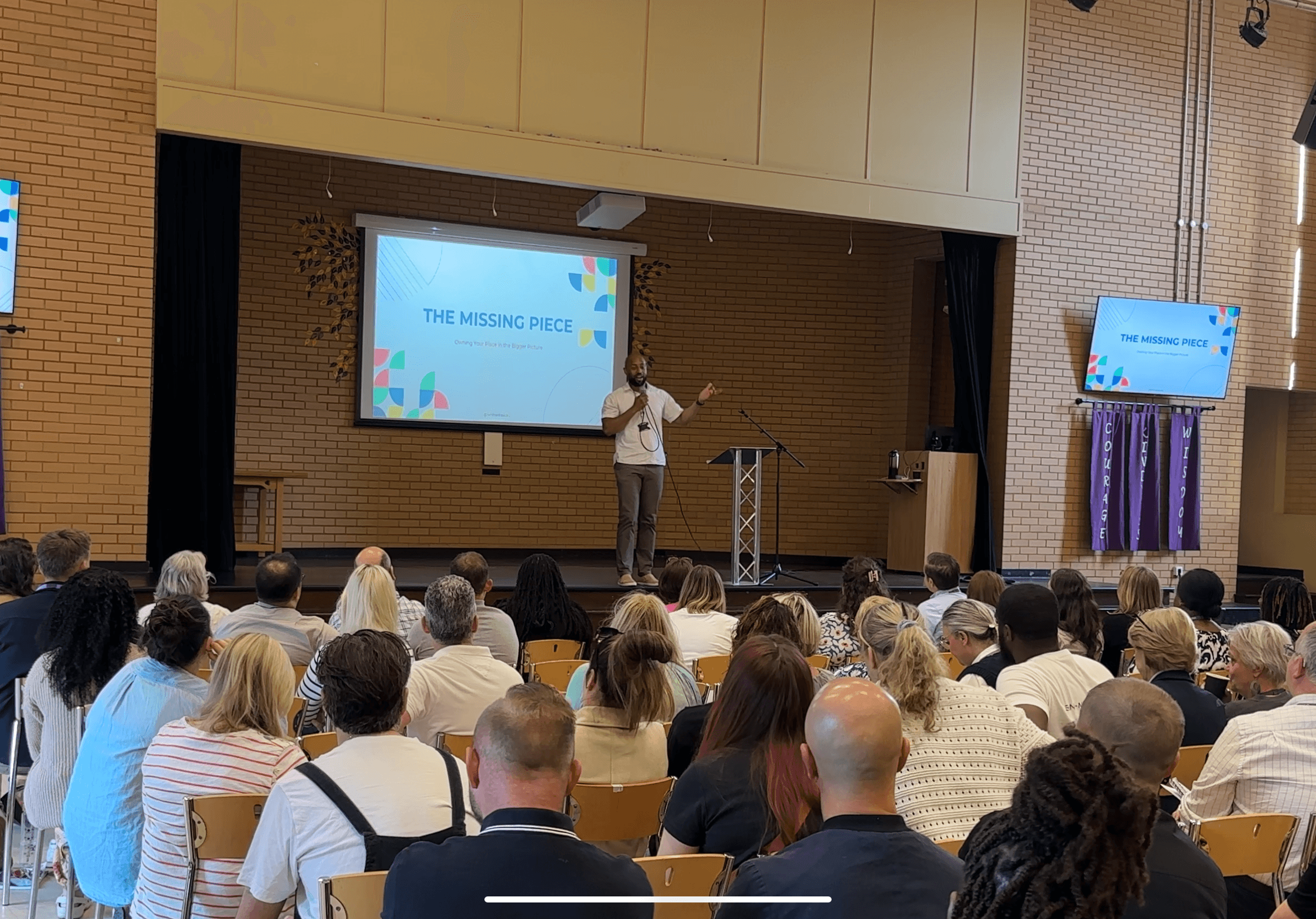 Frank delivering The Missing Piece keynote to a full school staff audience